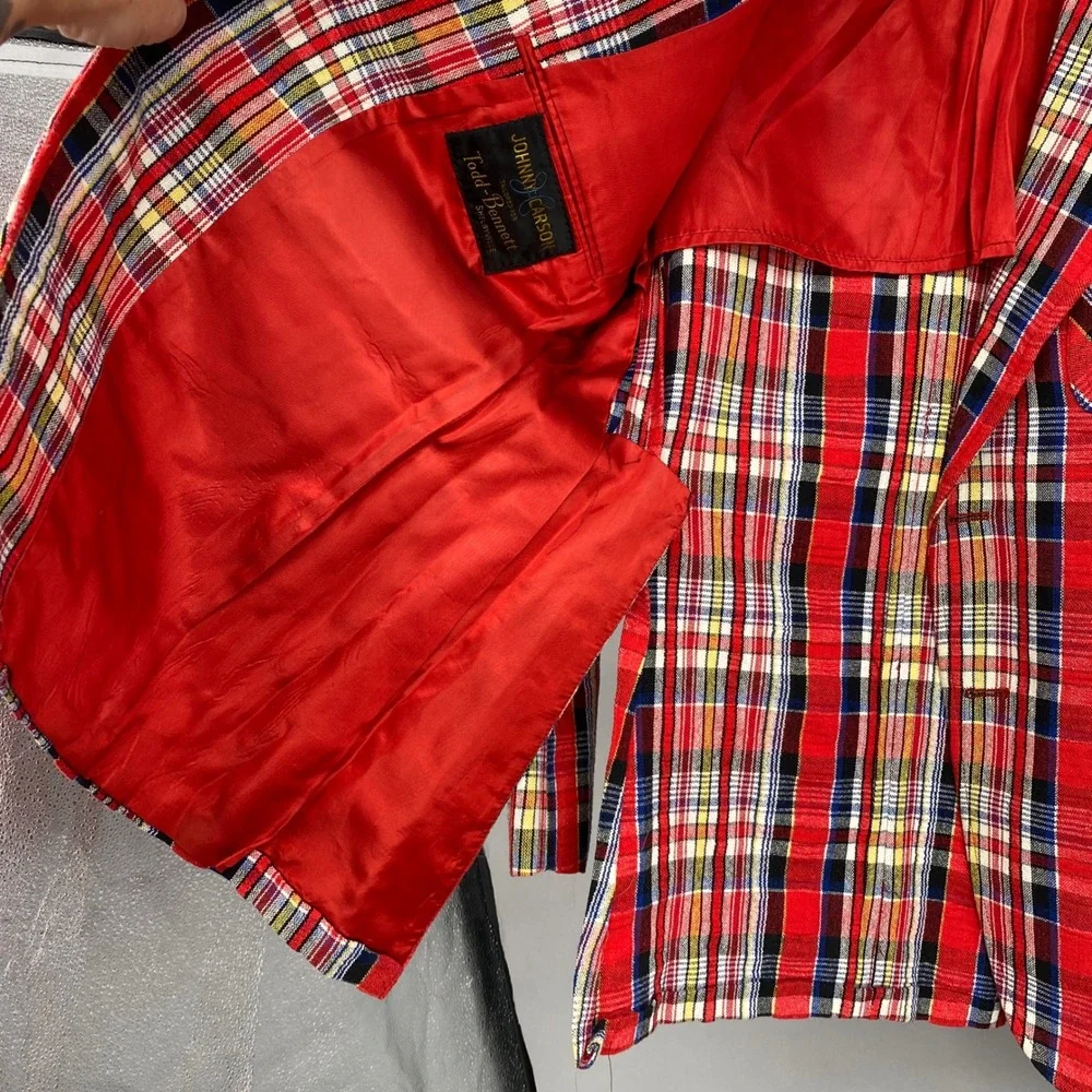 Vintage 70s Johnny Carson Red Tartan Plaid Sport Coat Blazer Mens 40R Mod